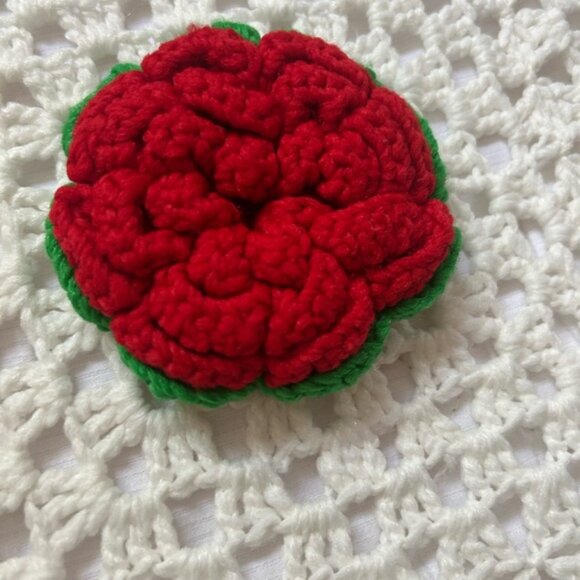 Vintage Boho Crochet Blanket with Red and Green Floral Rose Accents 104 inchX93 - Picture 2 of 16